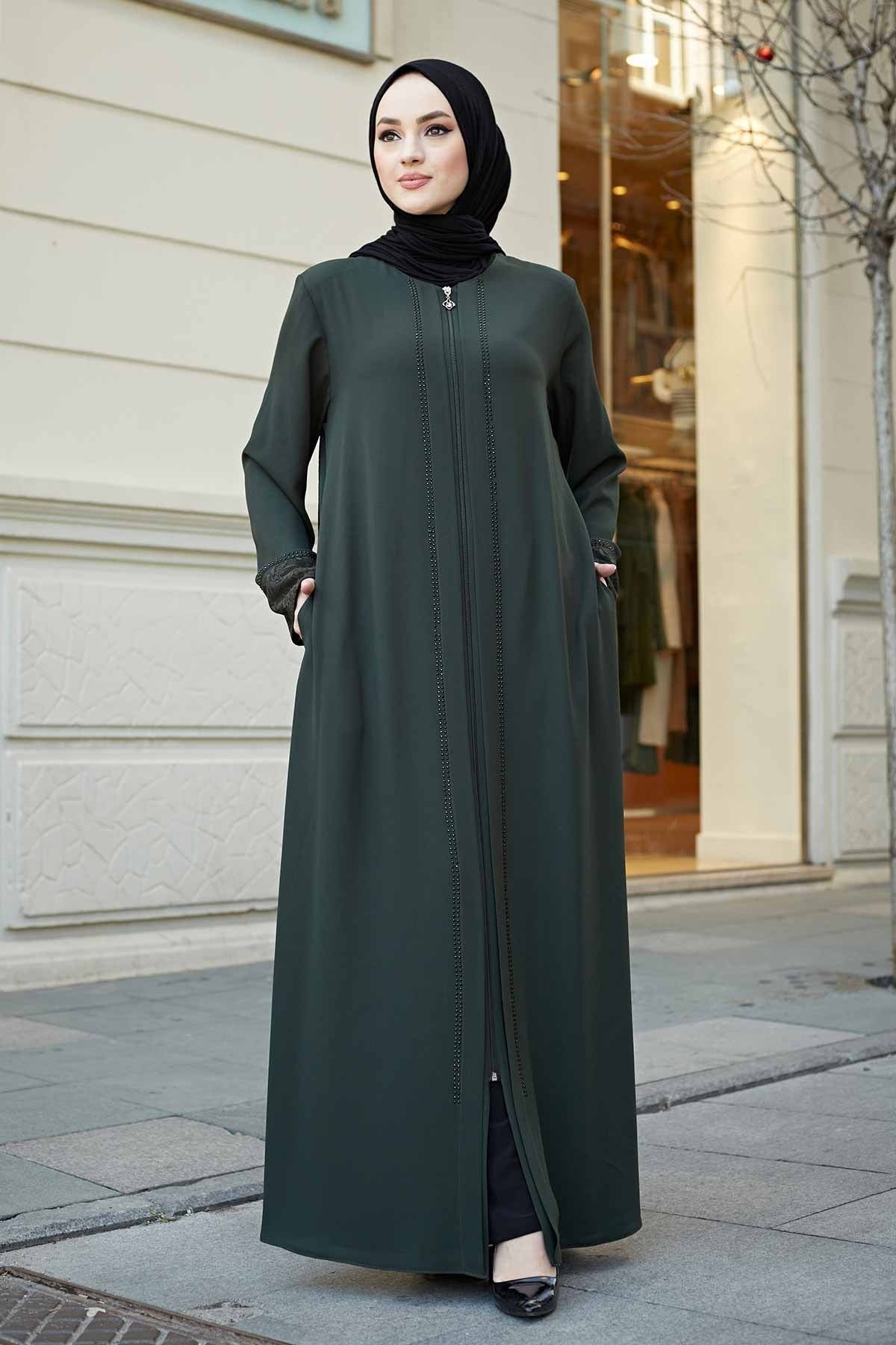 Green Lace Cuff & Stone-Trim Zip Abaya – Turkish Modest Abaya