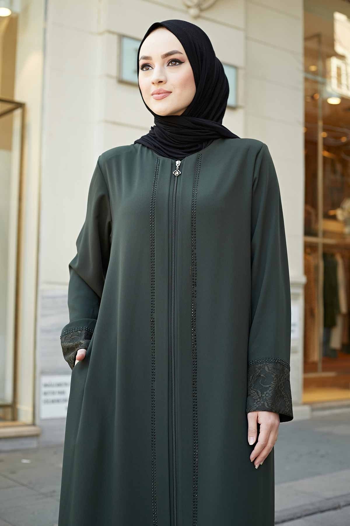 Green Lace Cuff & Stone-Trim Zip Abaya – Turkish Modest Abaya