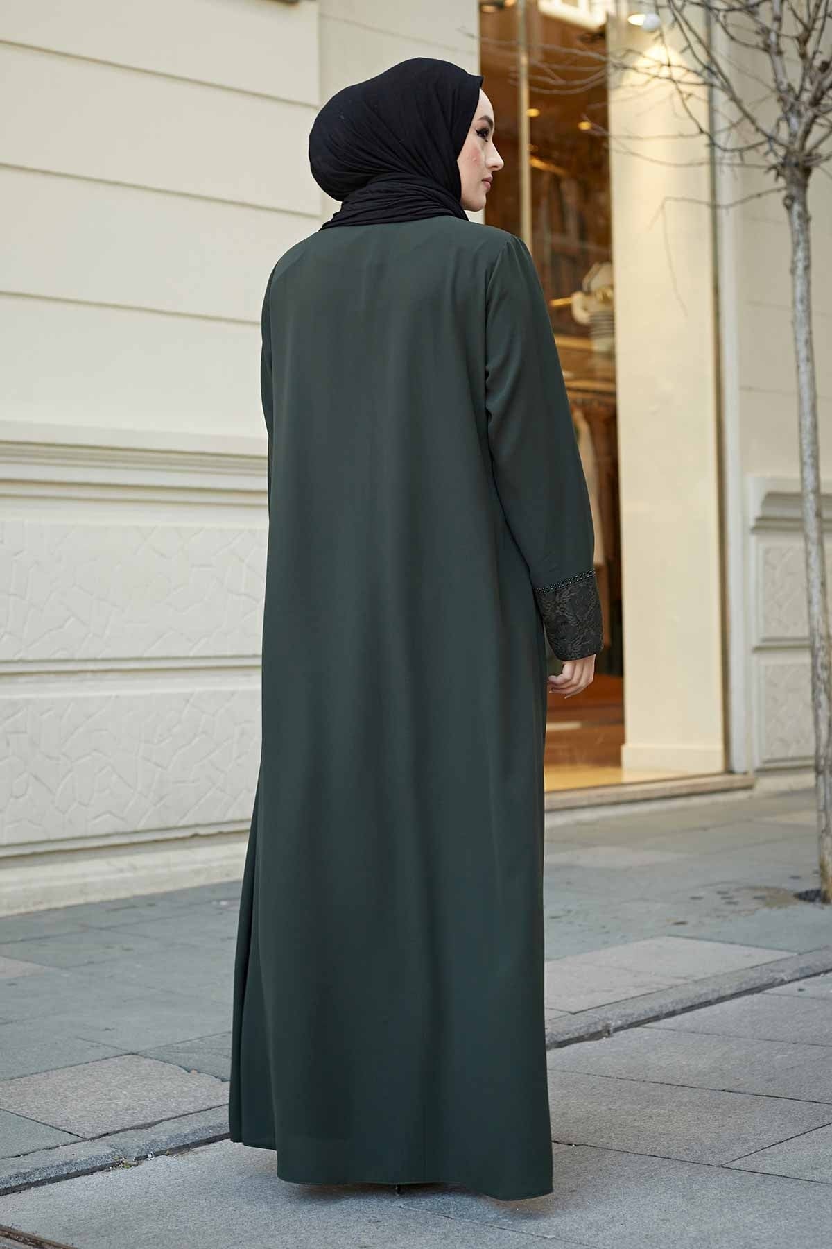 Green Lace Cuff & Stone-Trim Zip Abaya – Turkish Modest Abaya