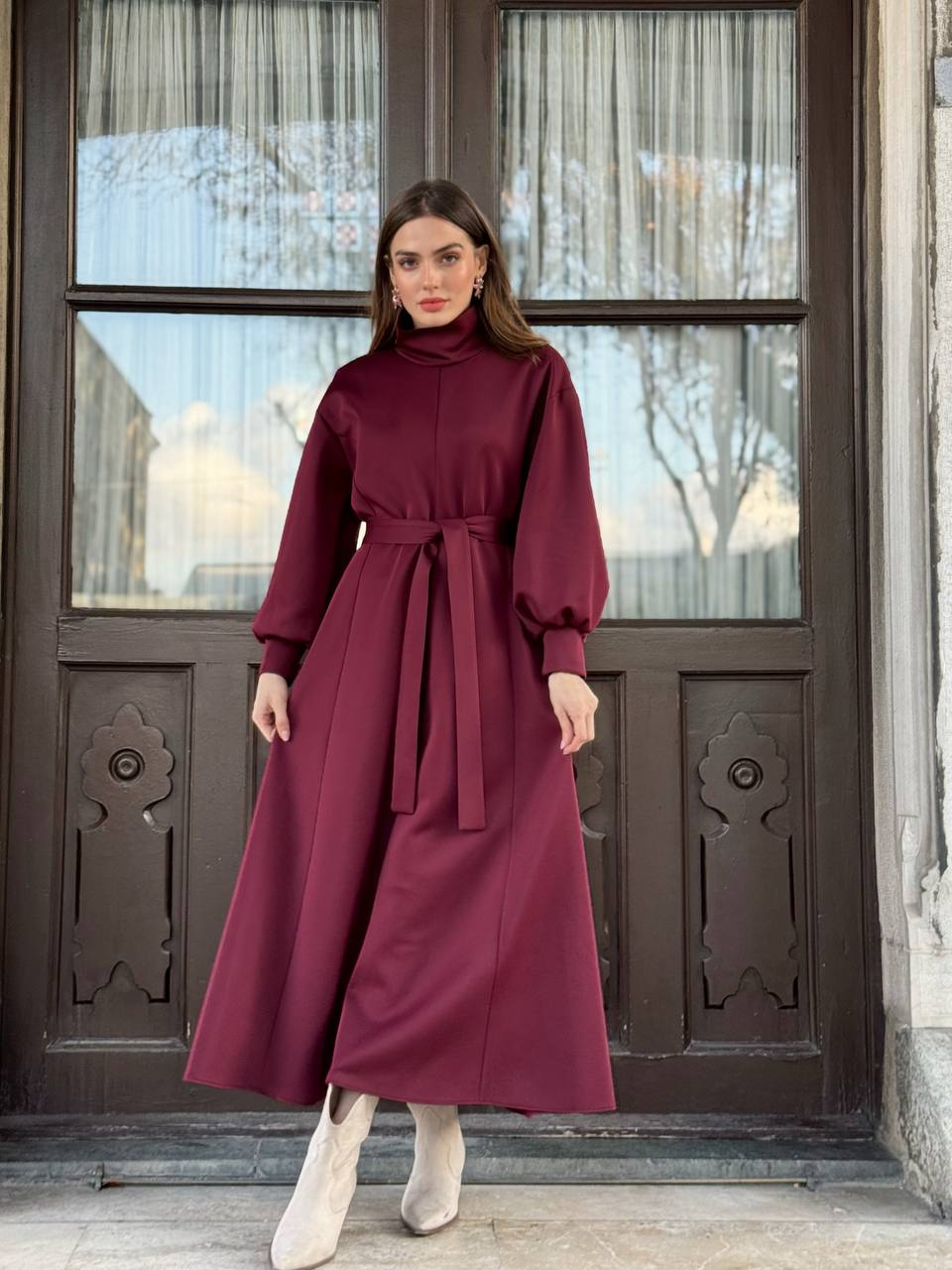Women’s Belted High-Neck Long Winter Dress