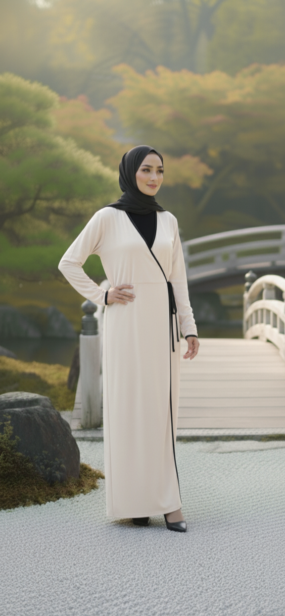 Beige Turkish Kimono Wrap Abaya, Long Sleeve Open Front Floor Length – Turkish Abaya