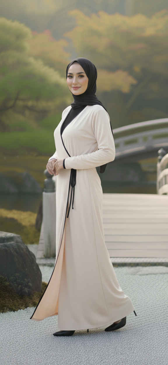 Beige Turkish Kimono Wrap Abaya, Long Sleeve Open Front Floor Length – Turkish Abaya