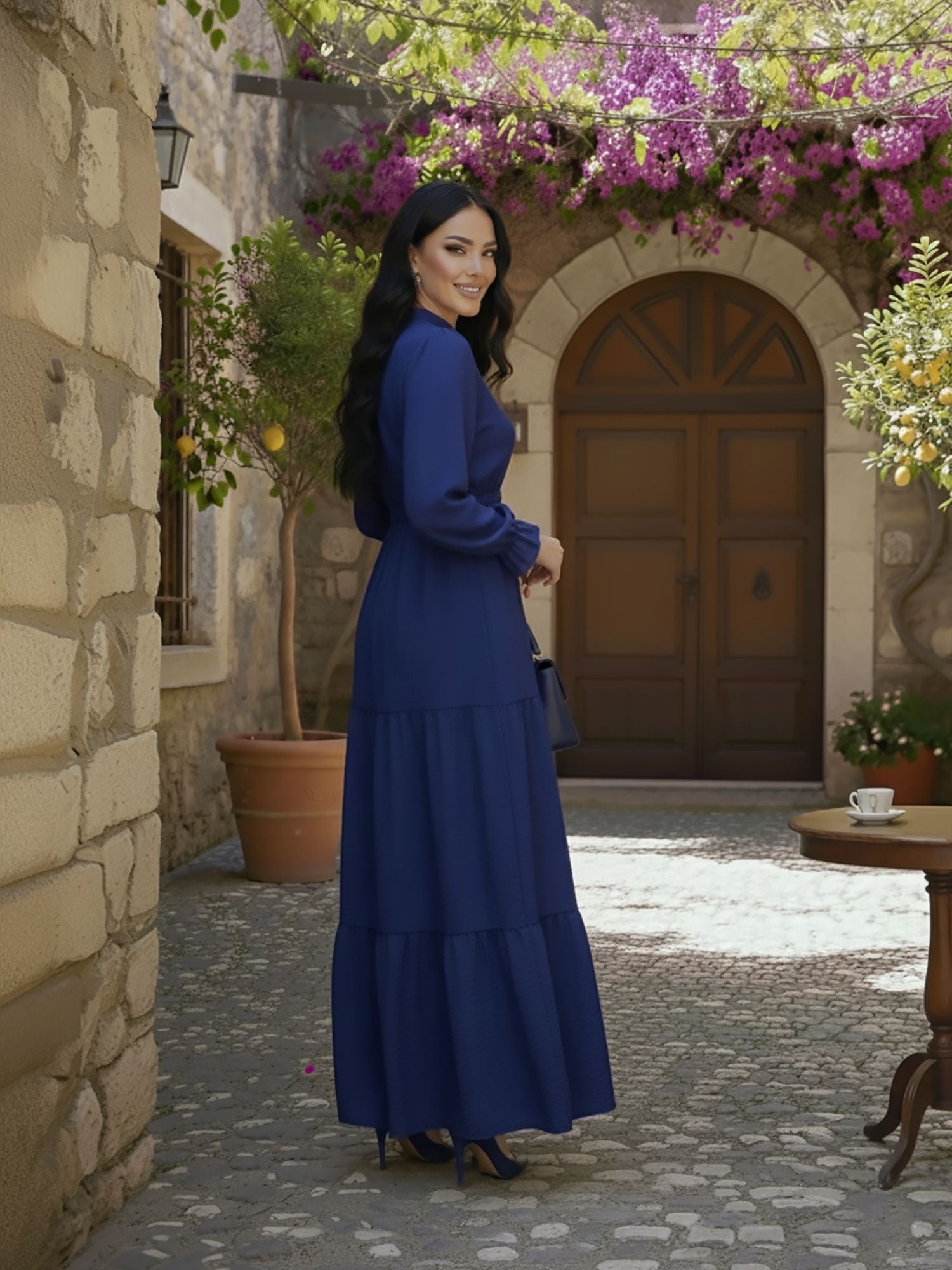 Full-length navy tiered maxi dress with removable self-tie waist belt