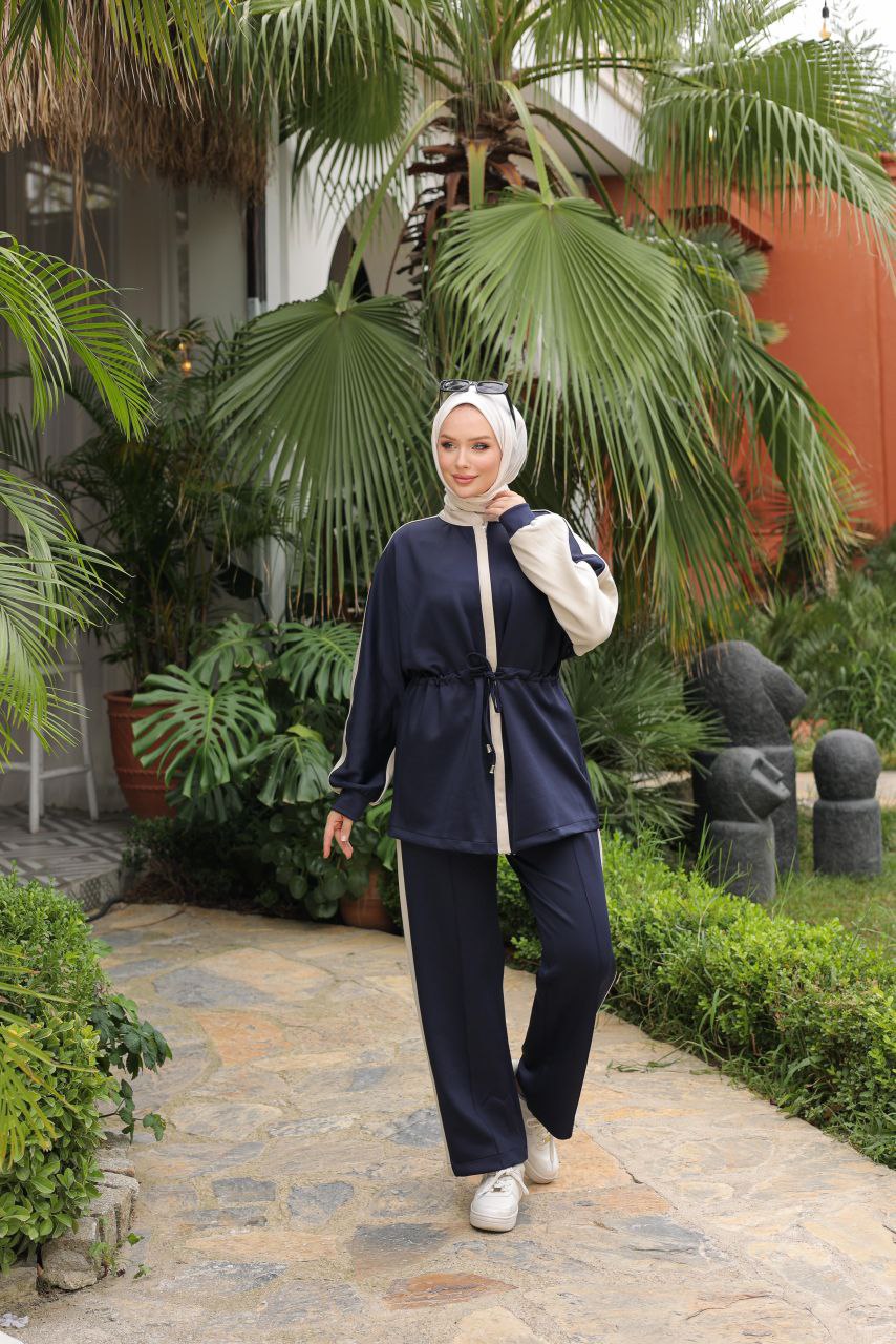 Navy Two-Piece Modest Tracksuit with Side Stripe & Drawstring Tunic – Women's Sportswear Set