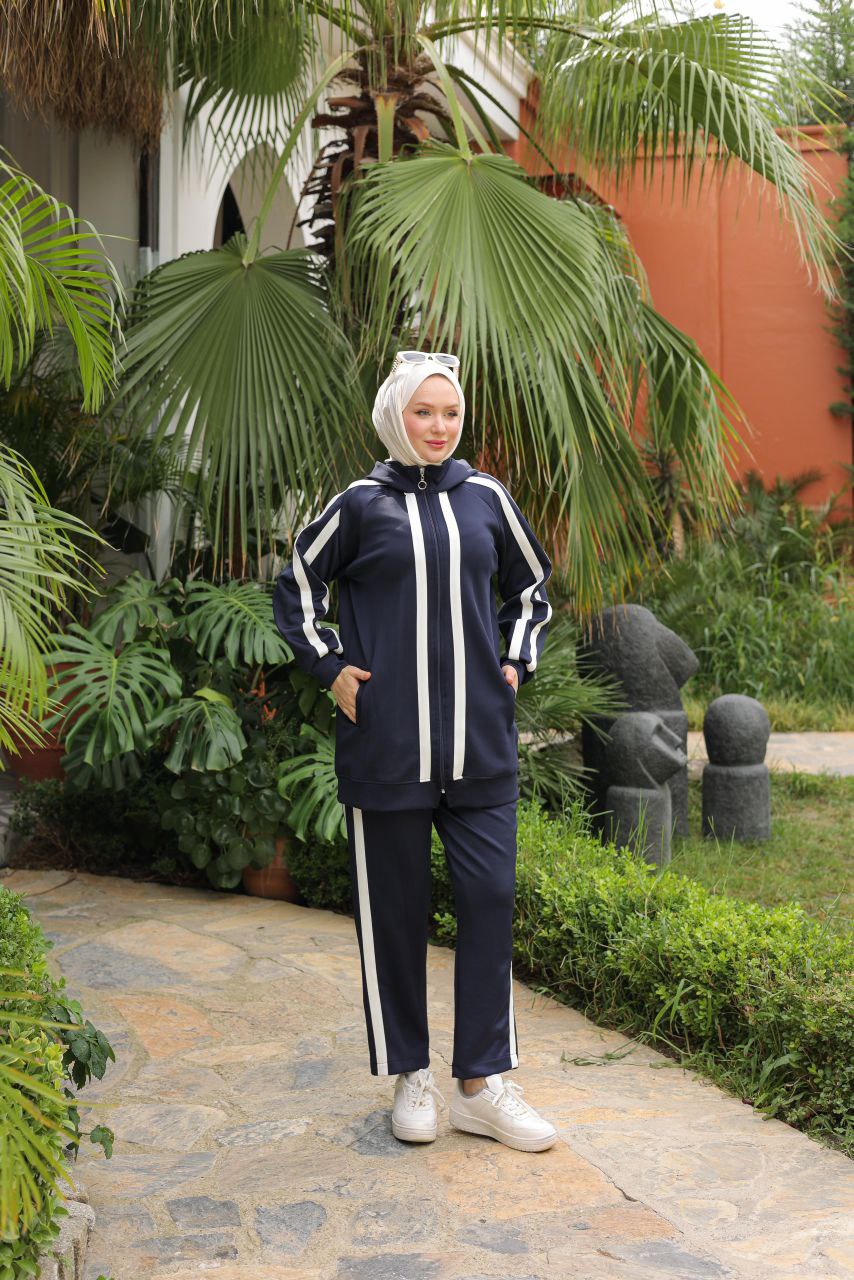 Navy Striped Zip-Up Hoodie Tracksuit Set – Modest Activewear