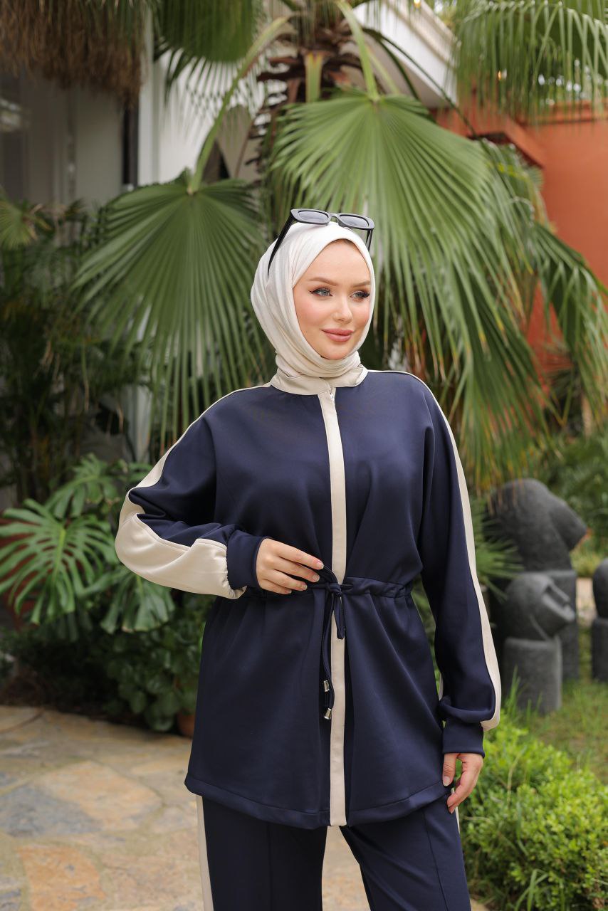 Navy Two-Piece Modest Tracksuit with Side Stripe & Drawstring Tunic – Women's Sportswear Set