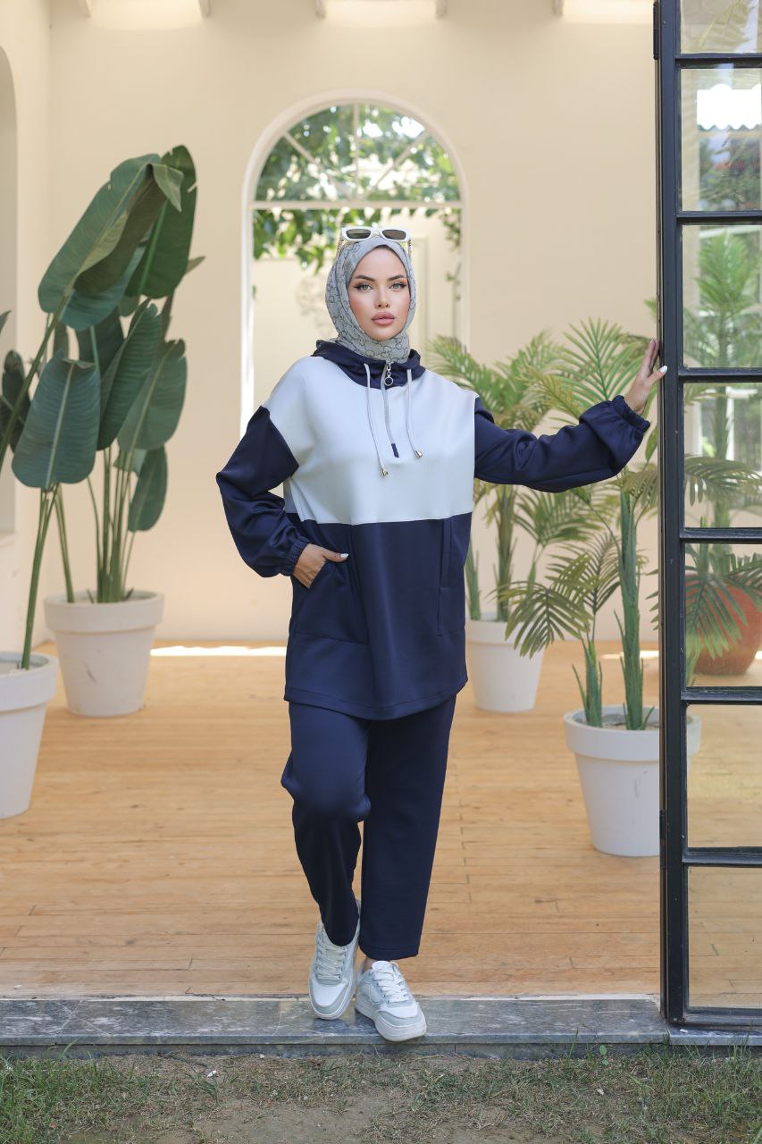 Navy Two-Piece Hooded Tracksuit for Modest Women – Turkish Sportswear Set