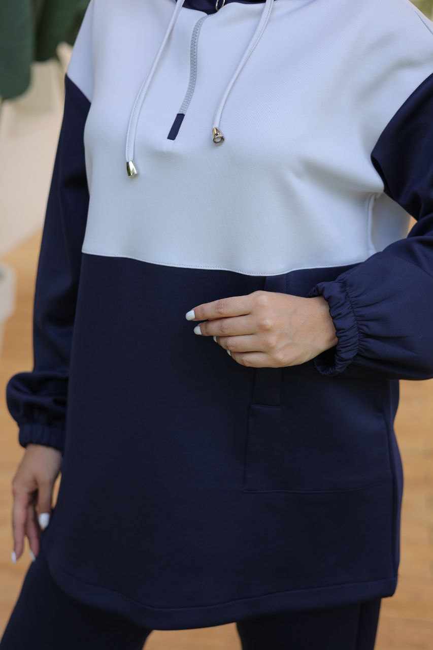 Navy Two-Piece Hooded Tracksuit for Modest Women – Turkish Sportswear Set