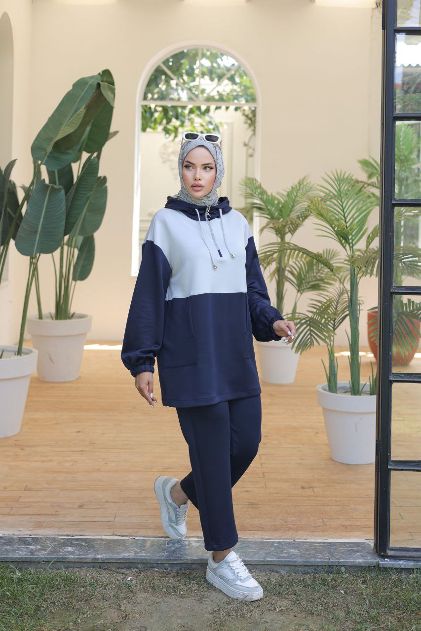 Navy Two-Piece Hooded Tracksuit for Modest Women – Turkish Sportswear Set