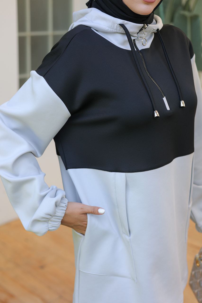 Silver Two-Piece Hooded Tracksuit for Modest Women – Turkish Sportswear Set
