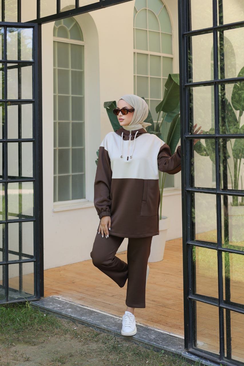 Brown Two-Piece Hooded Tracksuit for Modest Women – Turkish Sportswear Set