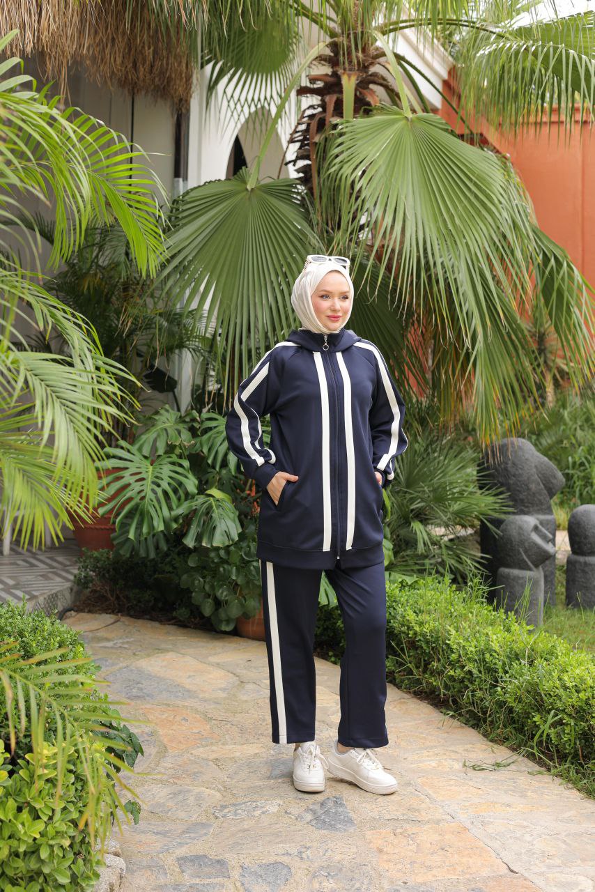Navy Striped Zip-Up Hoodie Tracksuit Set – Modest Activewear
