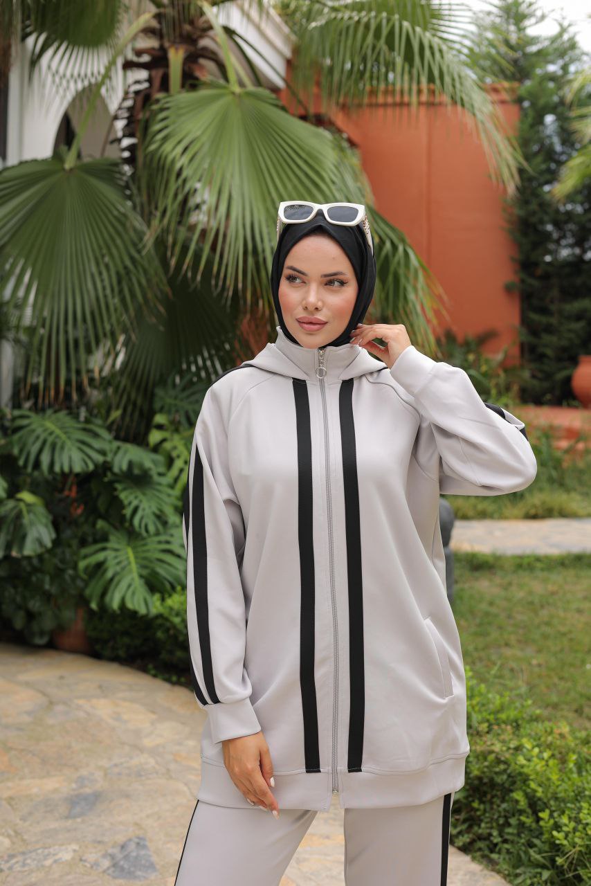 Grey Striped Zip-Up Hoodie Tracksuit Set – Modest Activewear