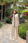 Beige Two-Piece Modest Tracksuit with Side Stripe & Drawstring Tunic – Women's Sportswear Set