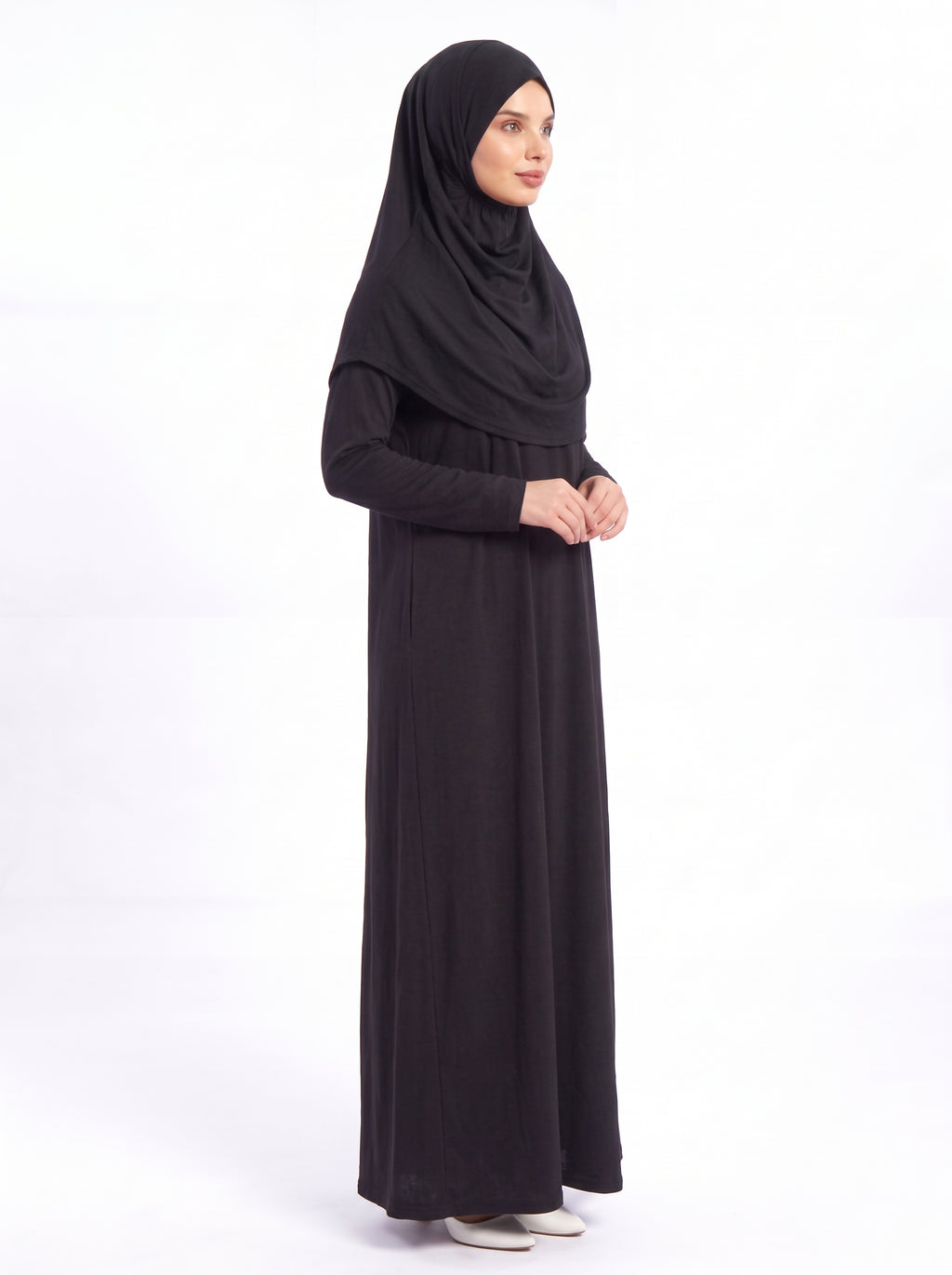 Black prayer abaya with sewn-in hijab - full length front view