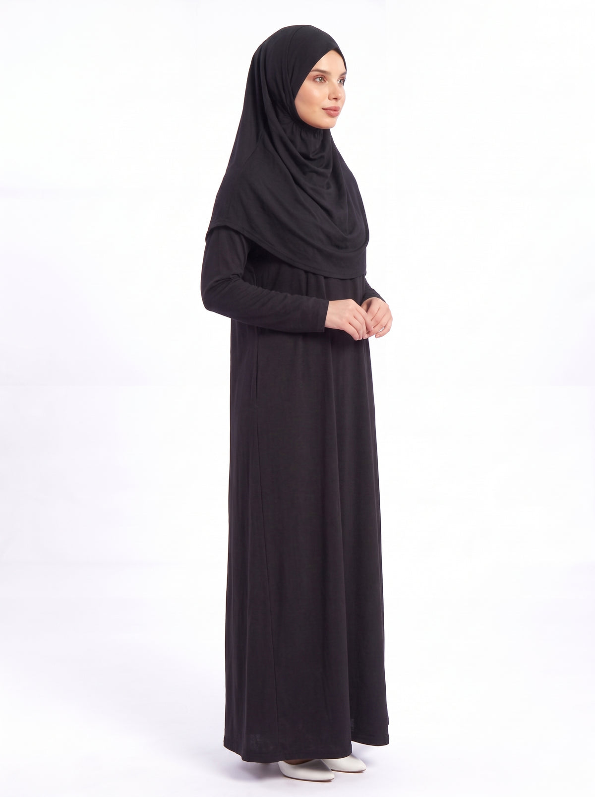 Black prayer abaya with sewn-in hijab - full length front view