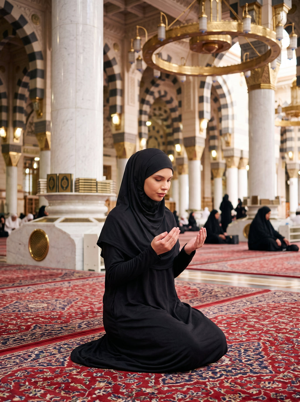 One piece prayer dress side view showing attached hijab drape