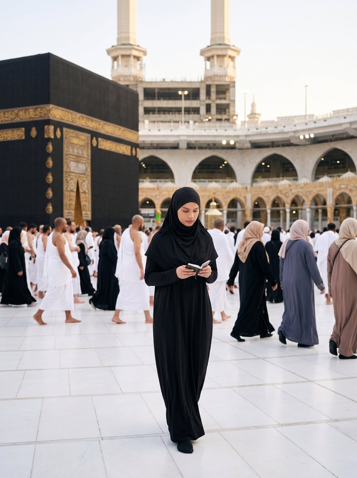 Close-up of attached hijab with elasticated face opening on black prayer dress