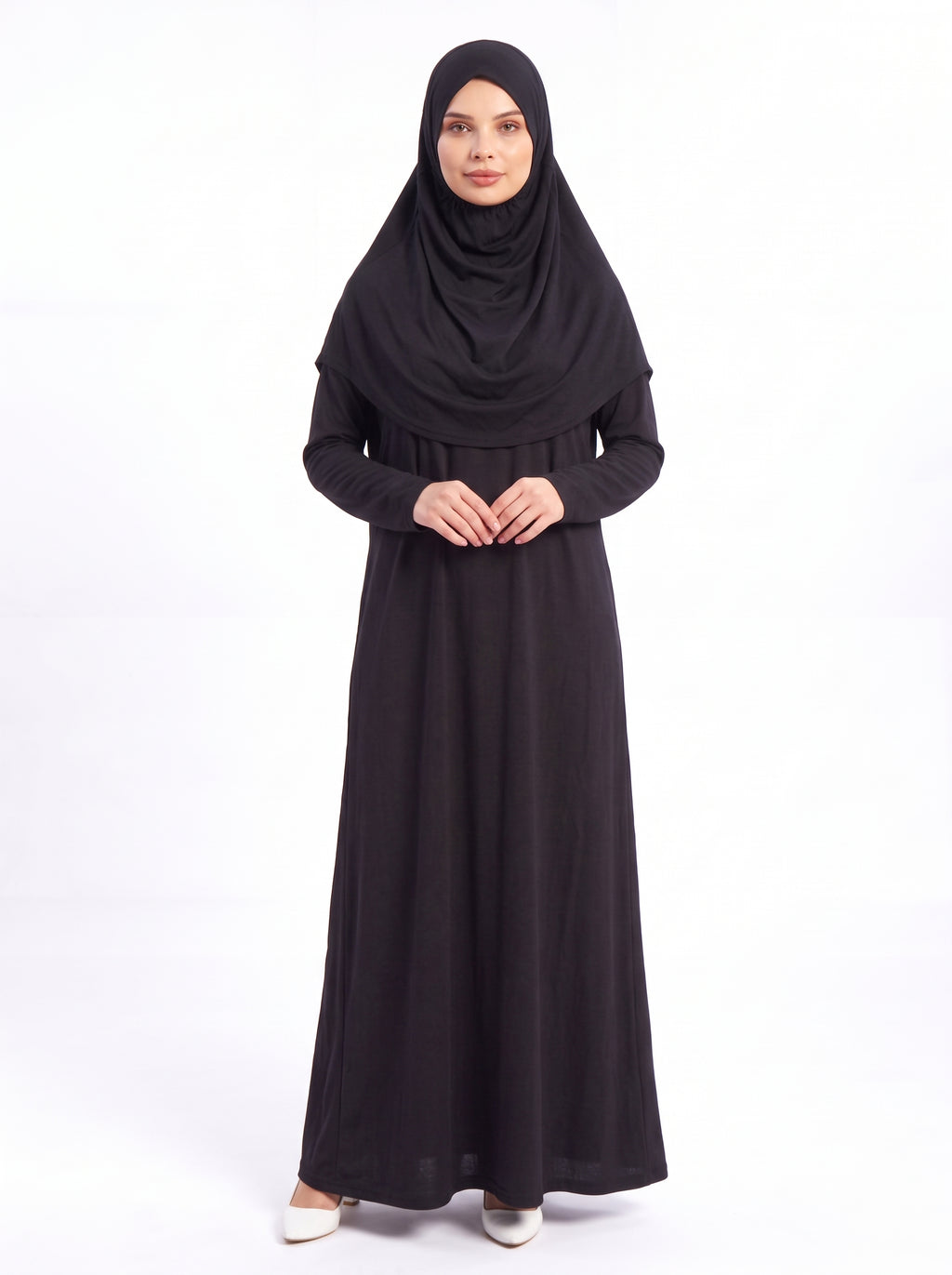 Black one piece prayer dress with attached hijab for women - front view - Istanbul Styles