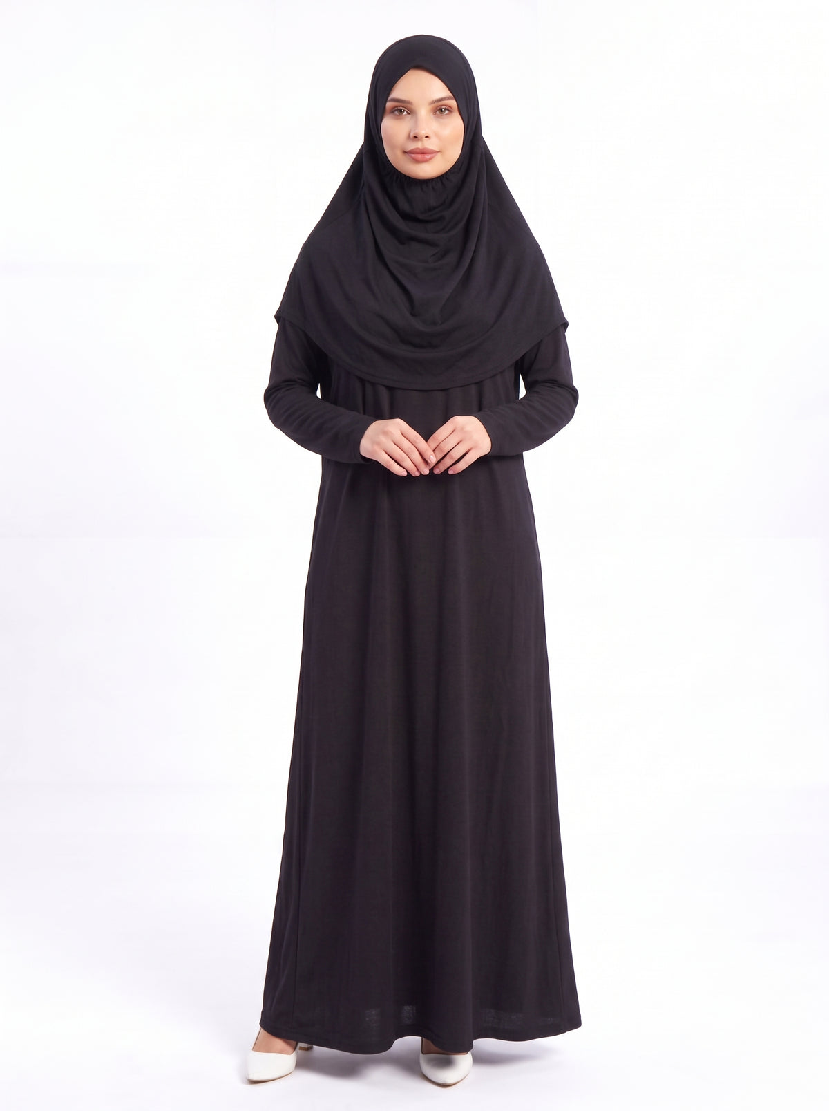 Black one piece prayer dress with attached hijab for women - front view - Istanbul Styles