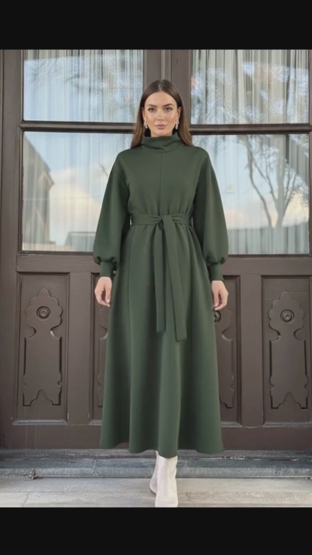Women’s Belted High-Neck Long Winter Dress
