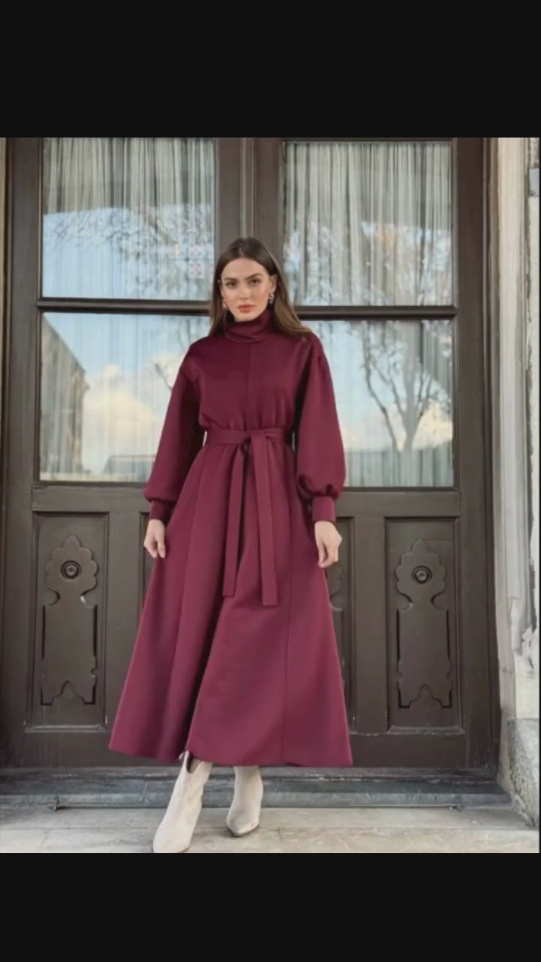 Women’s Belted High-Neck Long Winter Dress