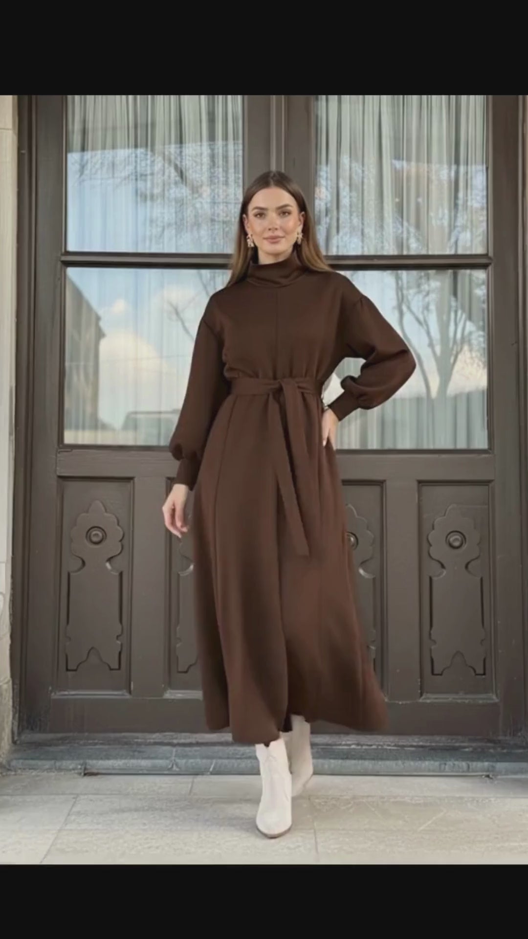 Brown Turtleneck Belted Modest Maxi Dress – Winter Modest Dress