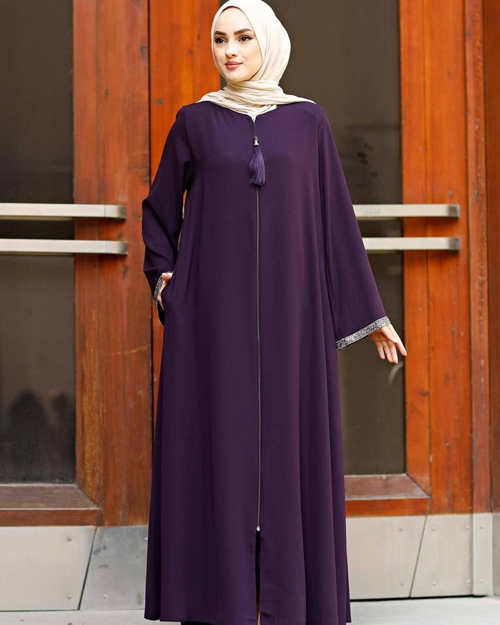 Purple Stone-Trimmed Sleeve Abaya with Front Zipper & Tassel – Turkish Abaya