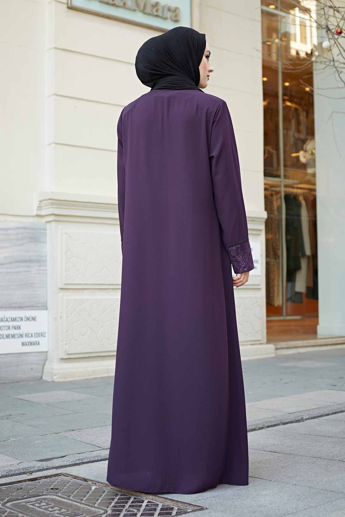 Purple Lace Cuff & Stone-Trim Zip Abaya – Turkish Modest Abaya