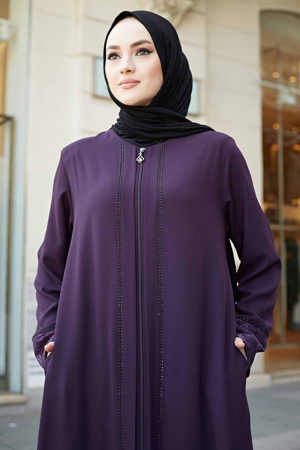 Purple Lace Cuff & Stone-Trim Zip Abaya – Turkish Modest Abaya