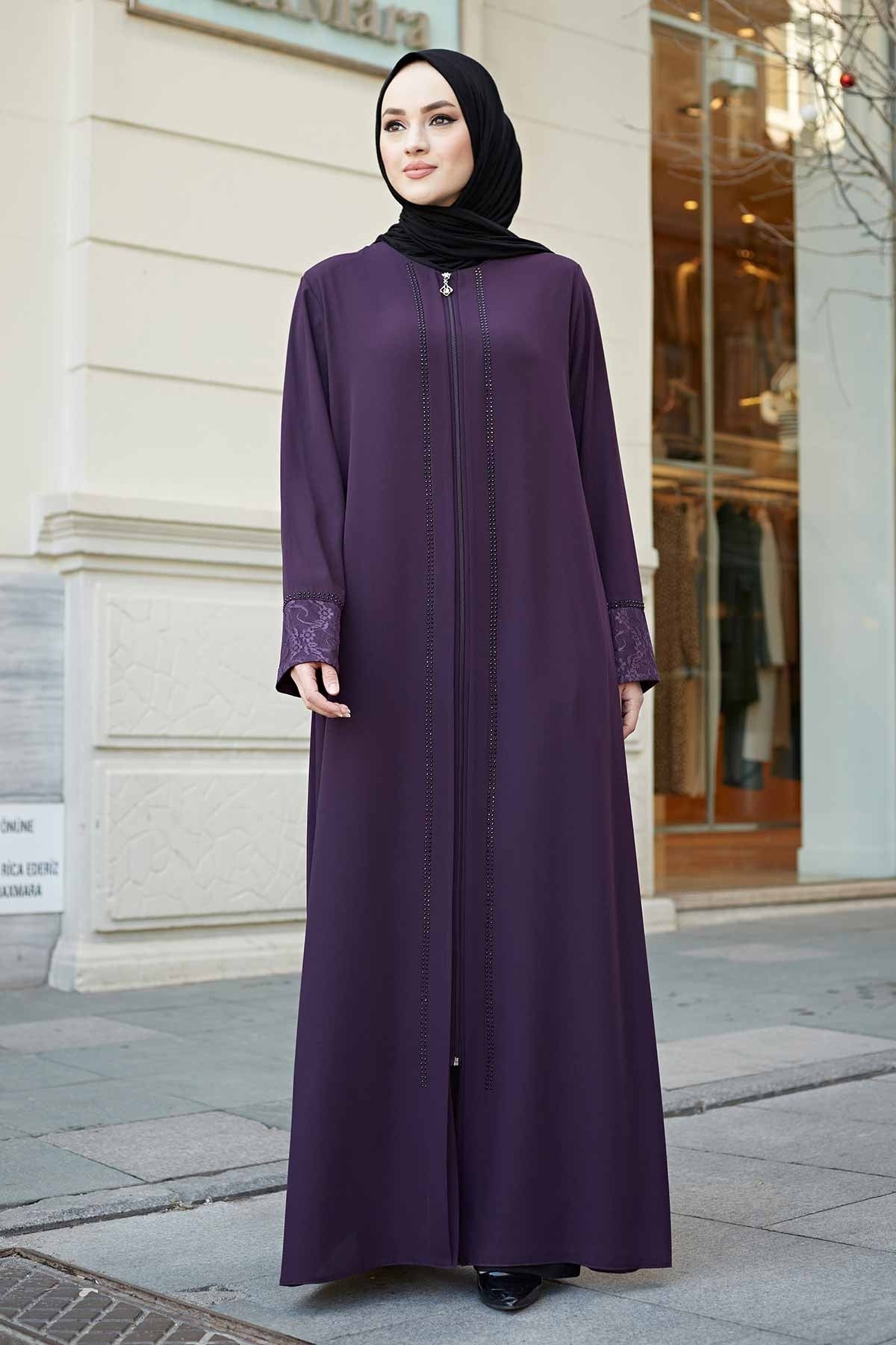 Purple Lace Cuff & Stone-Trim Zip Abaya – Turkish Modest Abaya