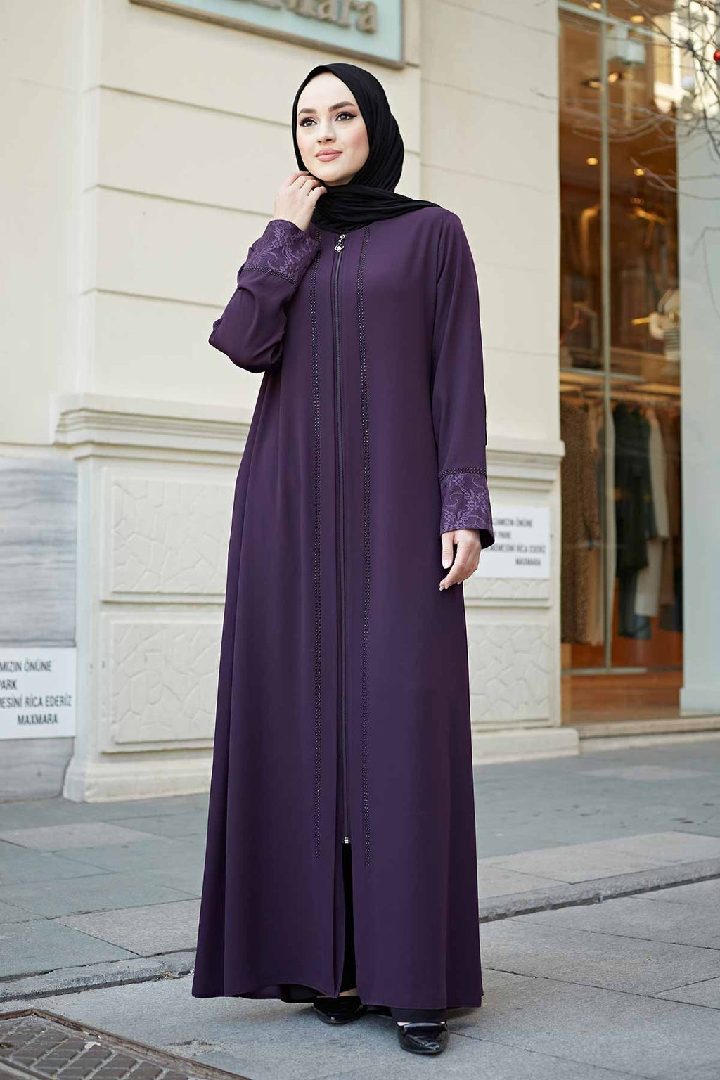 Purple Lace Cuff & Stone-Trim Zip Abaya – Turkish Modest Abaya