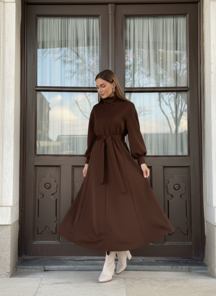 Women’s Belted High-Neck Long Winter Dress
