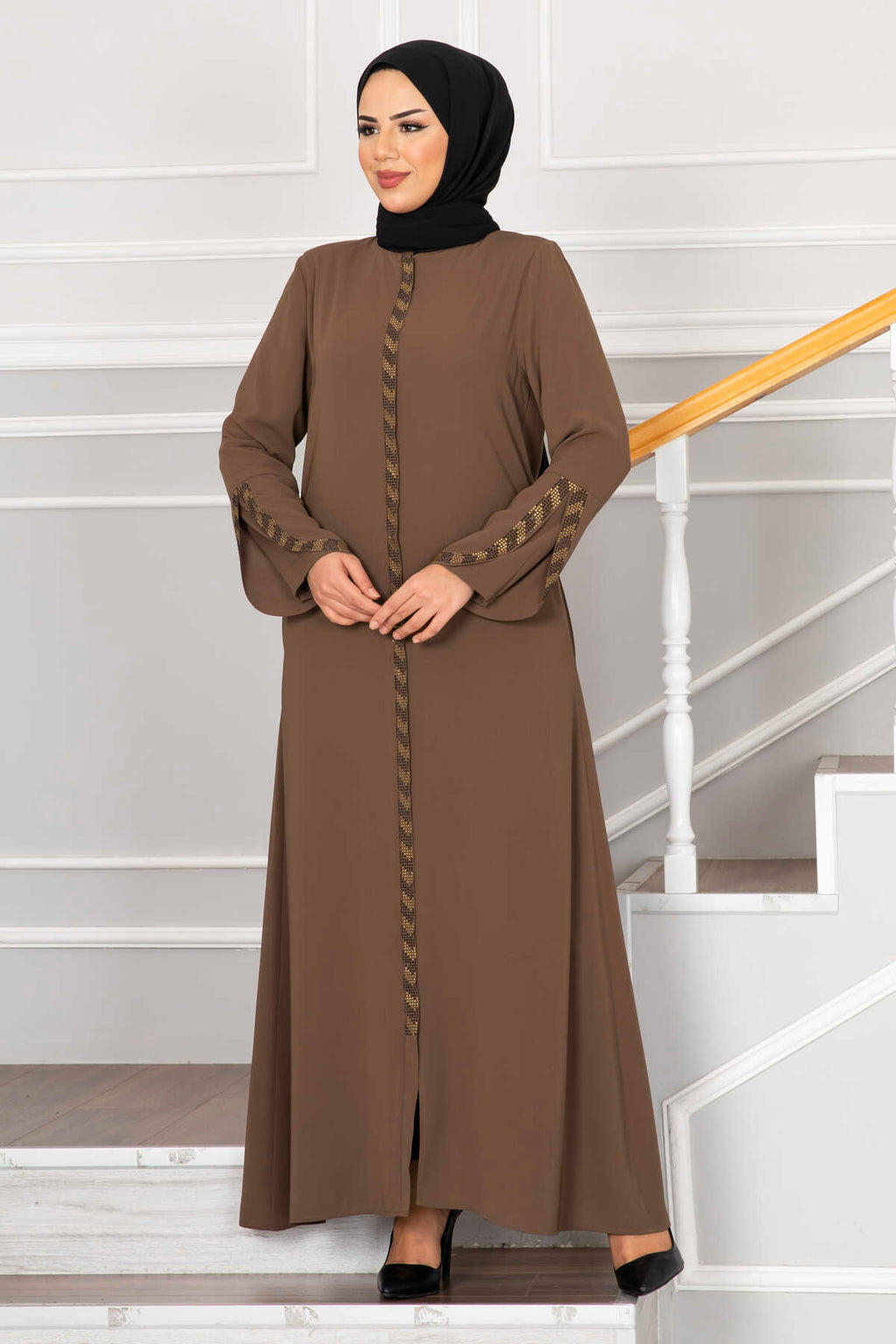 Brown Rhinestone Trim Open Abaya with Bell Sleeves – Turkish Modest Abaya
