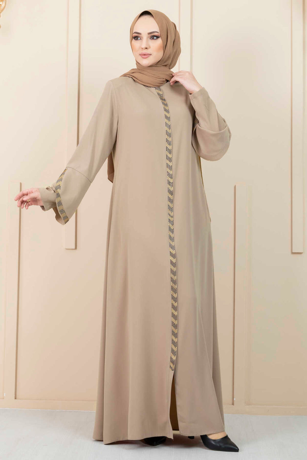 Beige Rhinestone Trim Open Abaya with Bell Sleeves – Turkish Modest Abaya