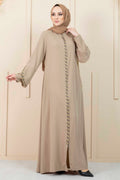 Beige Rhinestone Trim Open Abaya with Bell Sleeves – Turkish Modest Abaya
