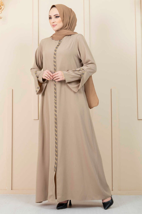 Beige Rhinestone Trim Open Abaya with Bell Sleeves – Turkish Modest Abaya