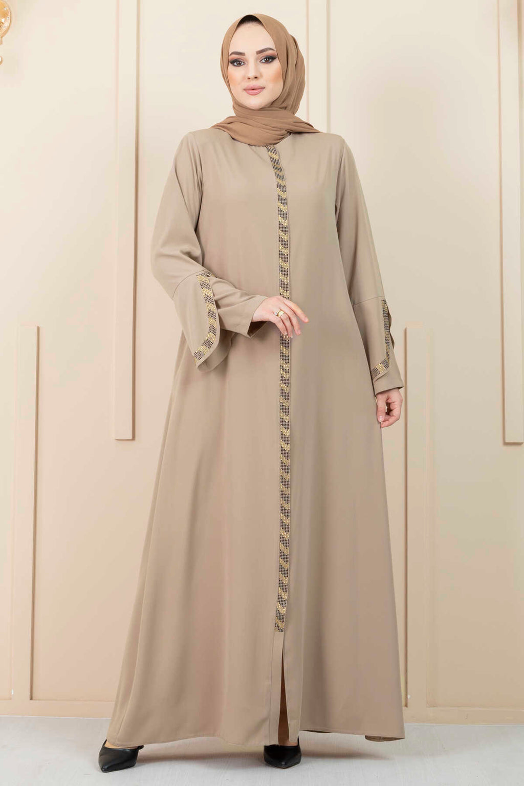Beige Rhinestone Trim Open Abaya with Bell Sleeves – Turkish Modest Abaya