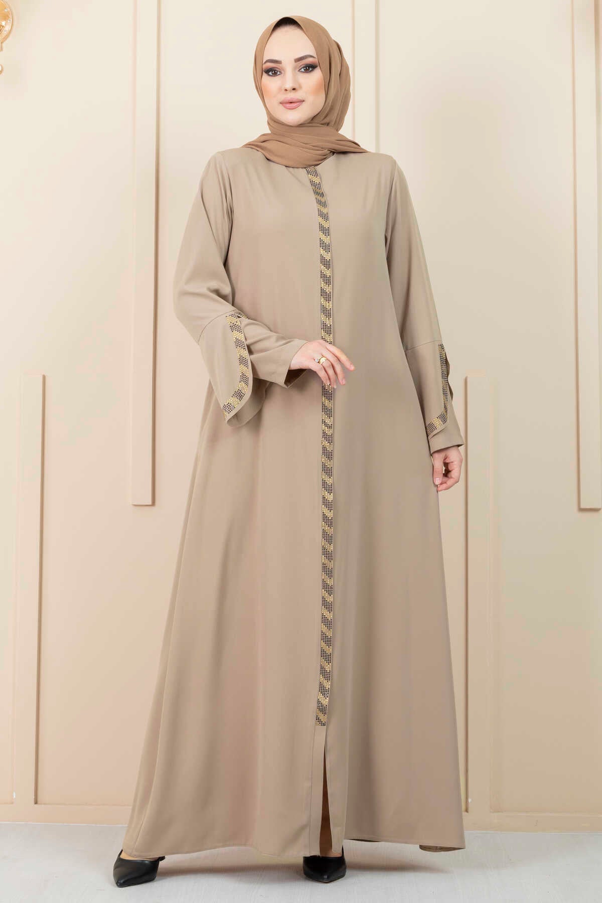 Beige Rhinestone Trim Open Abaya with Bell Sleeves – Turkish Modest Abaya