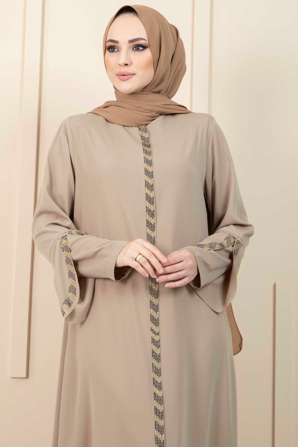 Beige Rhinestone Trim Open Abaya with Bell Sleeves – Turkish Modest Abaya