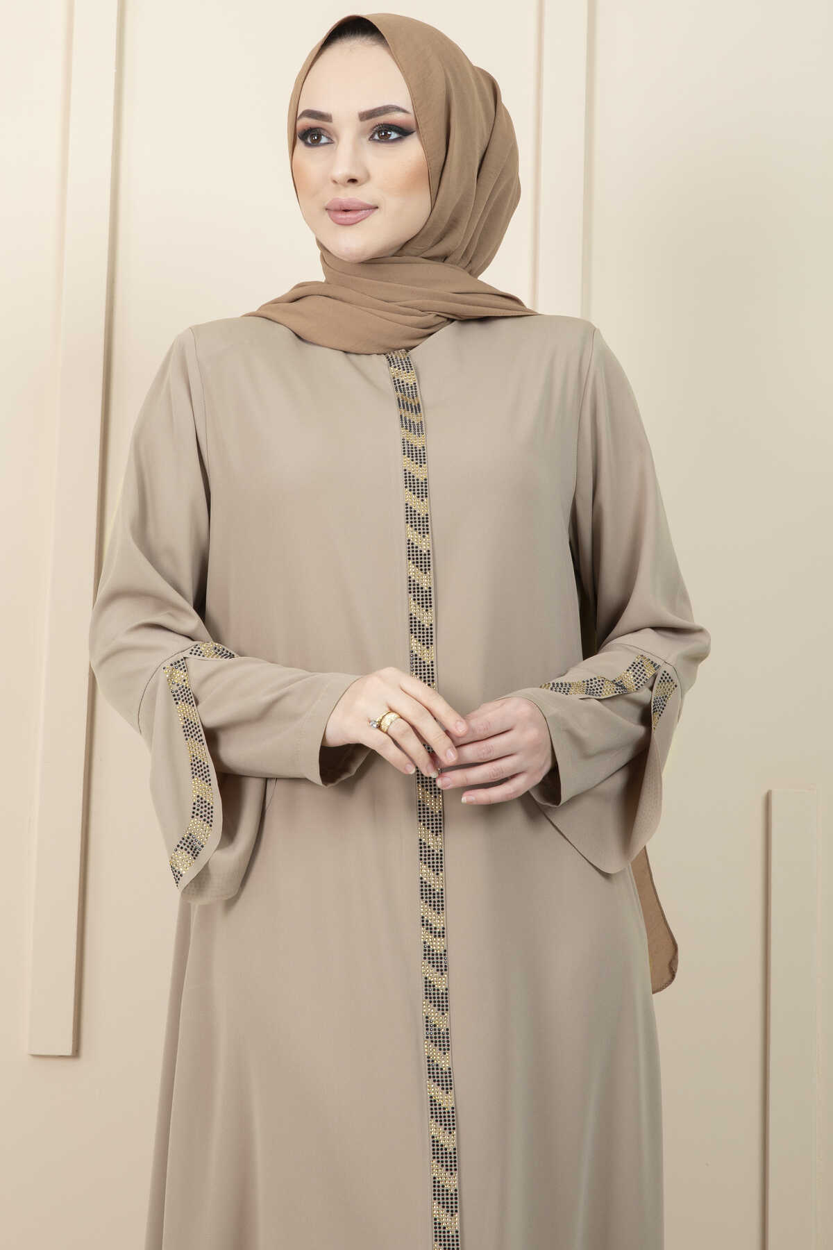Beige Rhinestone Trim Open Abaya with Bell Sleeves – Turkish Modest Abaya