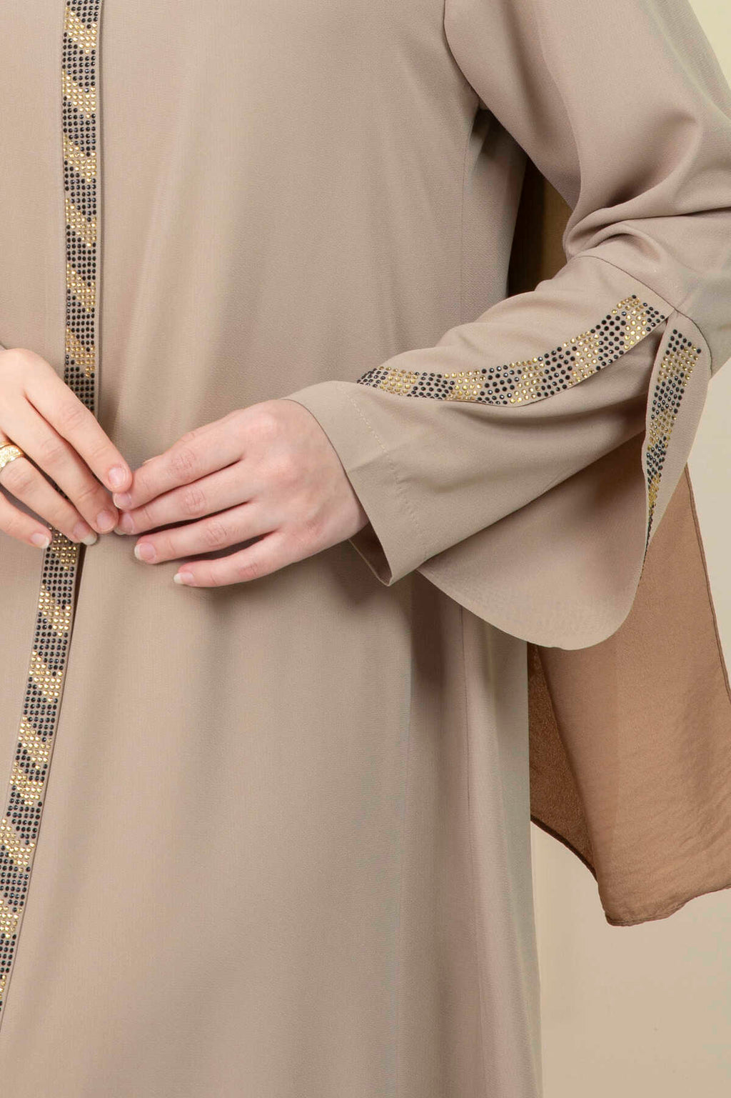 Beige Rhinestone Trim Open Abaya with Bell Sleeves – Turkish Modest Abaya