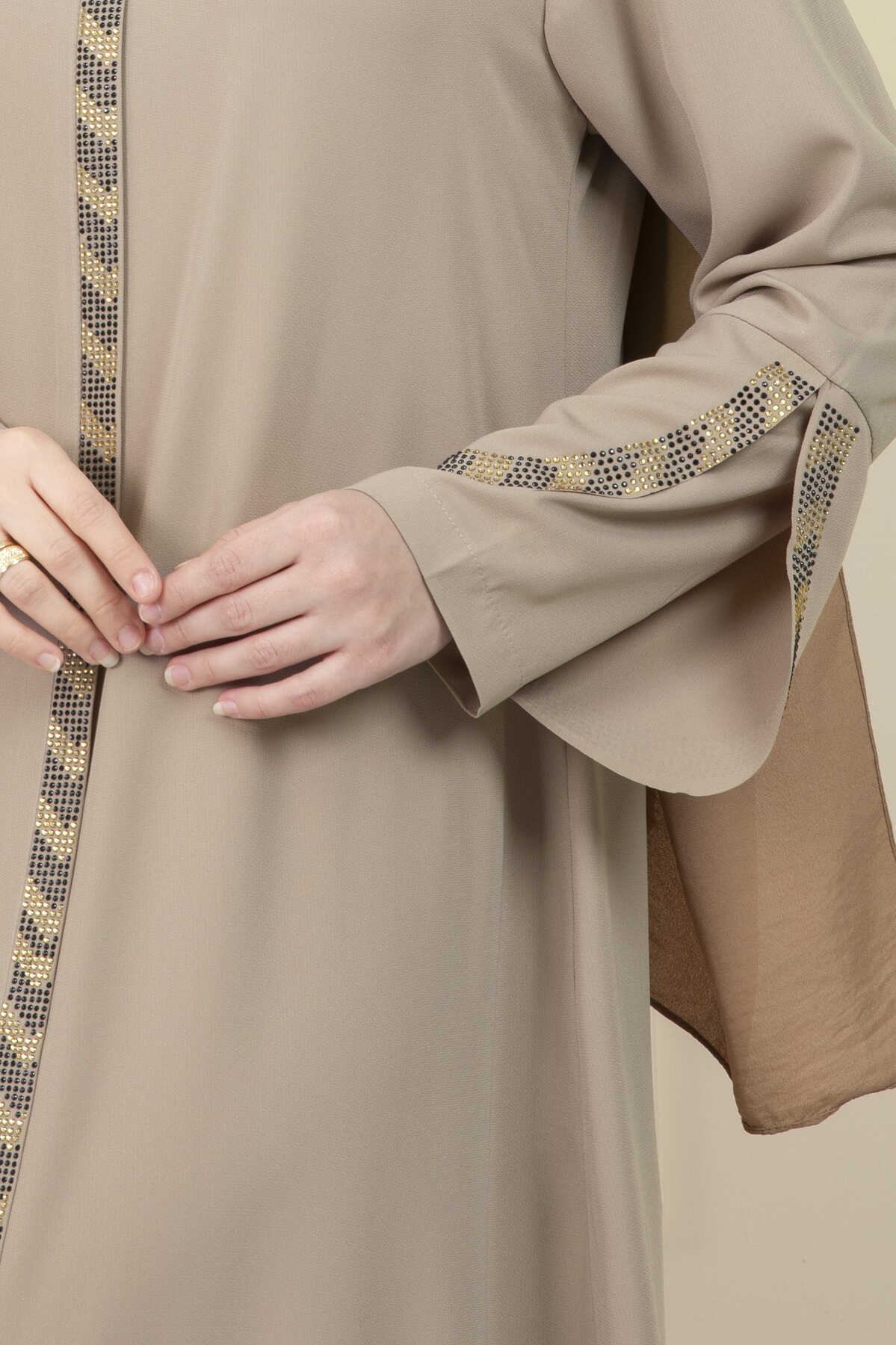 Beige Rhinestone Trim Open Abaya with Bell Sleeves – Turkish Modest Abaya