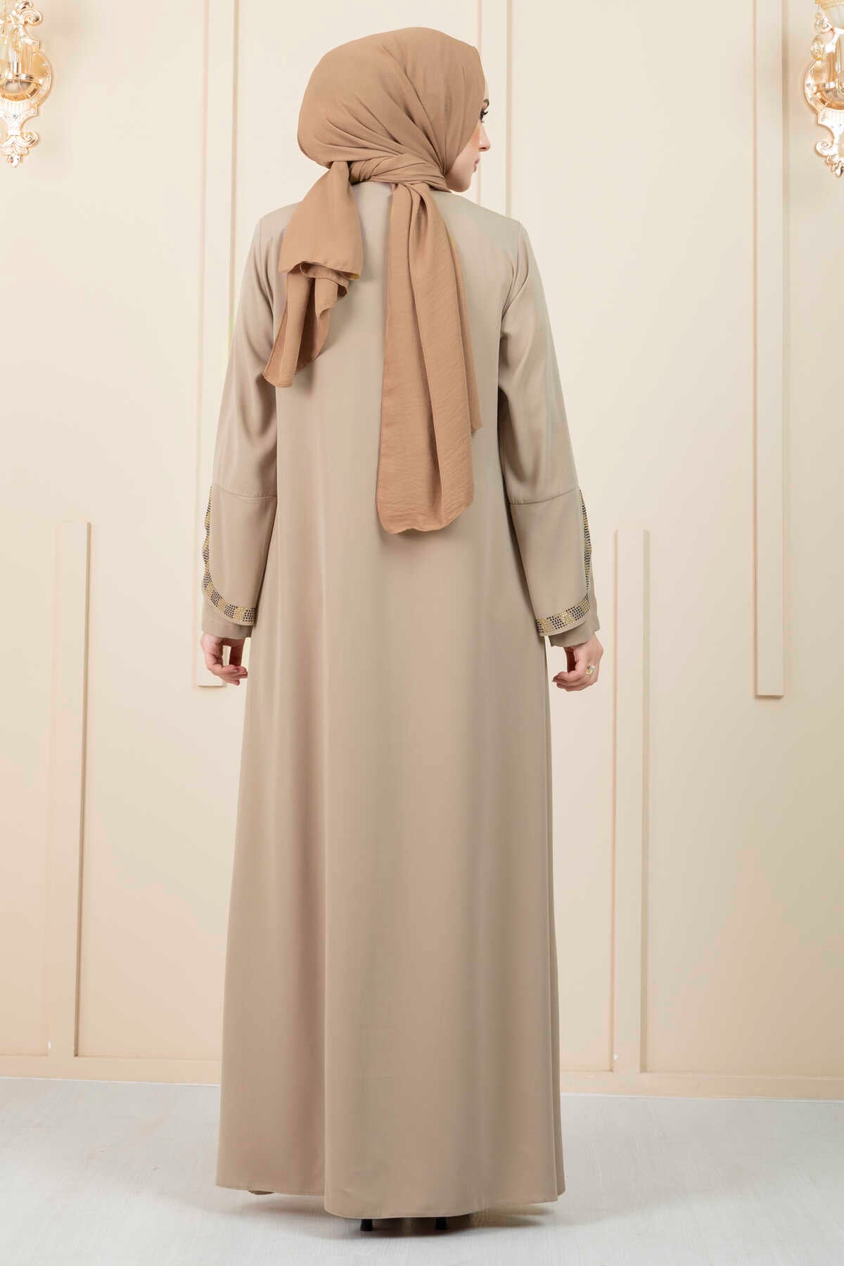 Beige Rhinestone Trim Open Abaya with Bell Sleeves – Turkish Modest Abaya