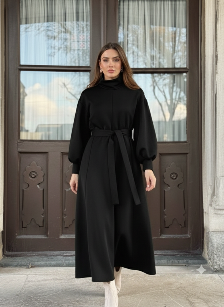 Women’s Belted High-Neck Long Winter Dress