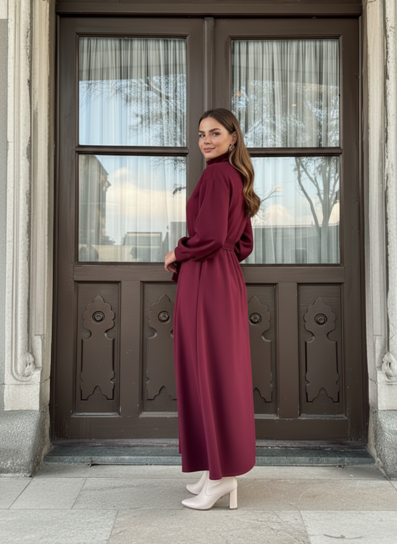 Women’s Belted High-Neck Long Winter Dress