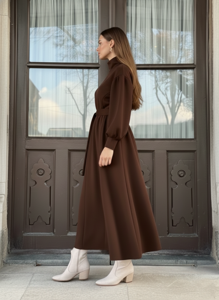 Women’s Belted High-Neck Long Winter Dress