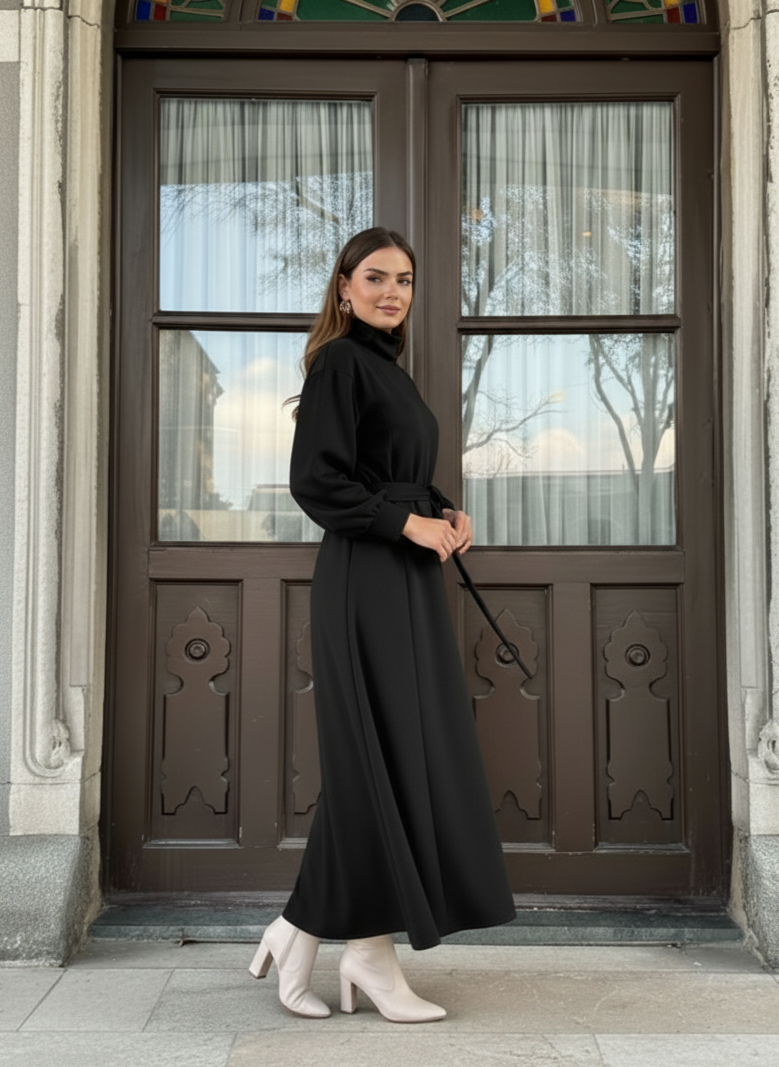 Women’s Belted High-Neck Long Winter Dress