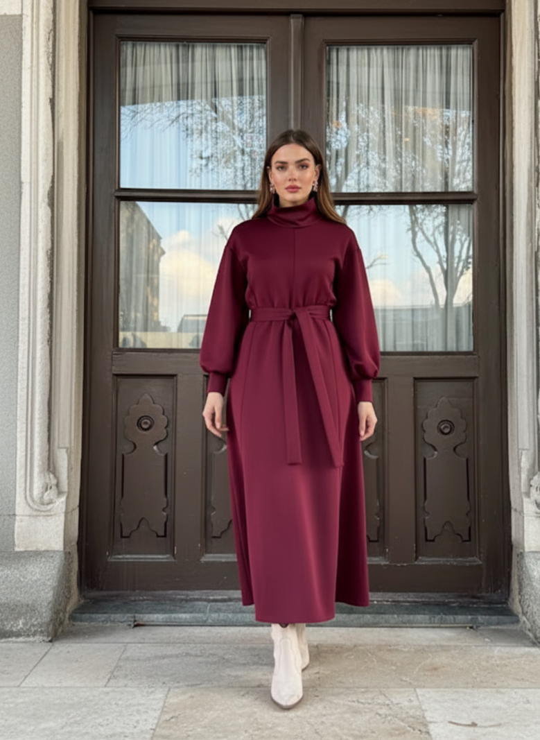 Women’s Belted High-Neck Long Winter Dress