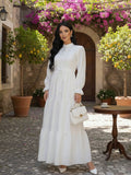 White tiered maxi dress with balloon sleeves and tie waist, front view – Istanbul Styles